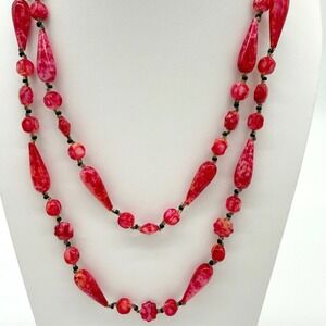 Vintage Red Mottled Lucite Long Necklace Layered Look 90s Statement Beads